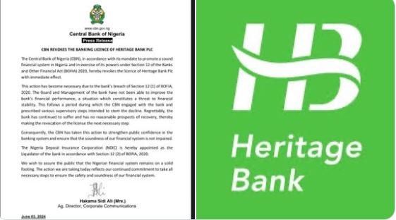 CBN Revokes Heritage Bank License Over Poor Financial Performance- Newsone