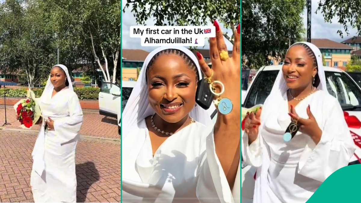 Nigerian Lady Buys First Car in the UK, Wears Matching White Gown On Her First Ride