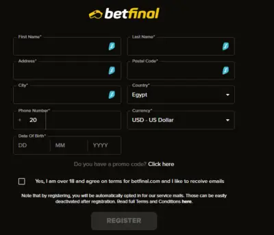 betfinal registration form