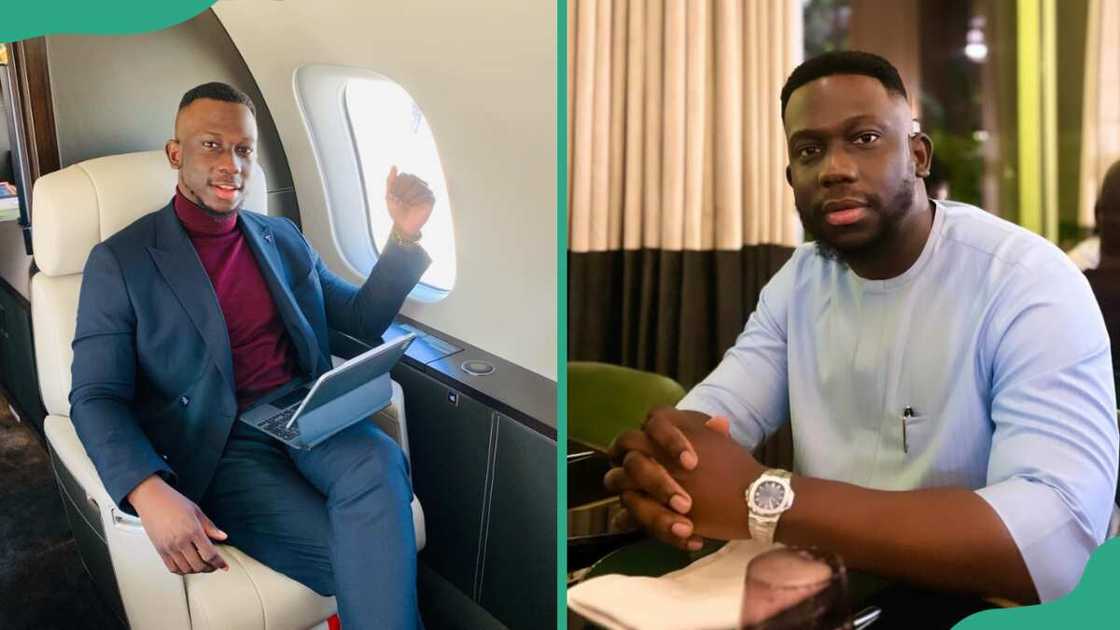 Dapo Willis on a plane with his laptop on his laps (L) and at the house relaxing (R)