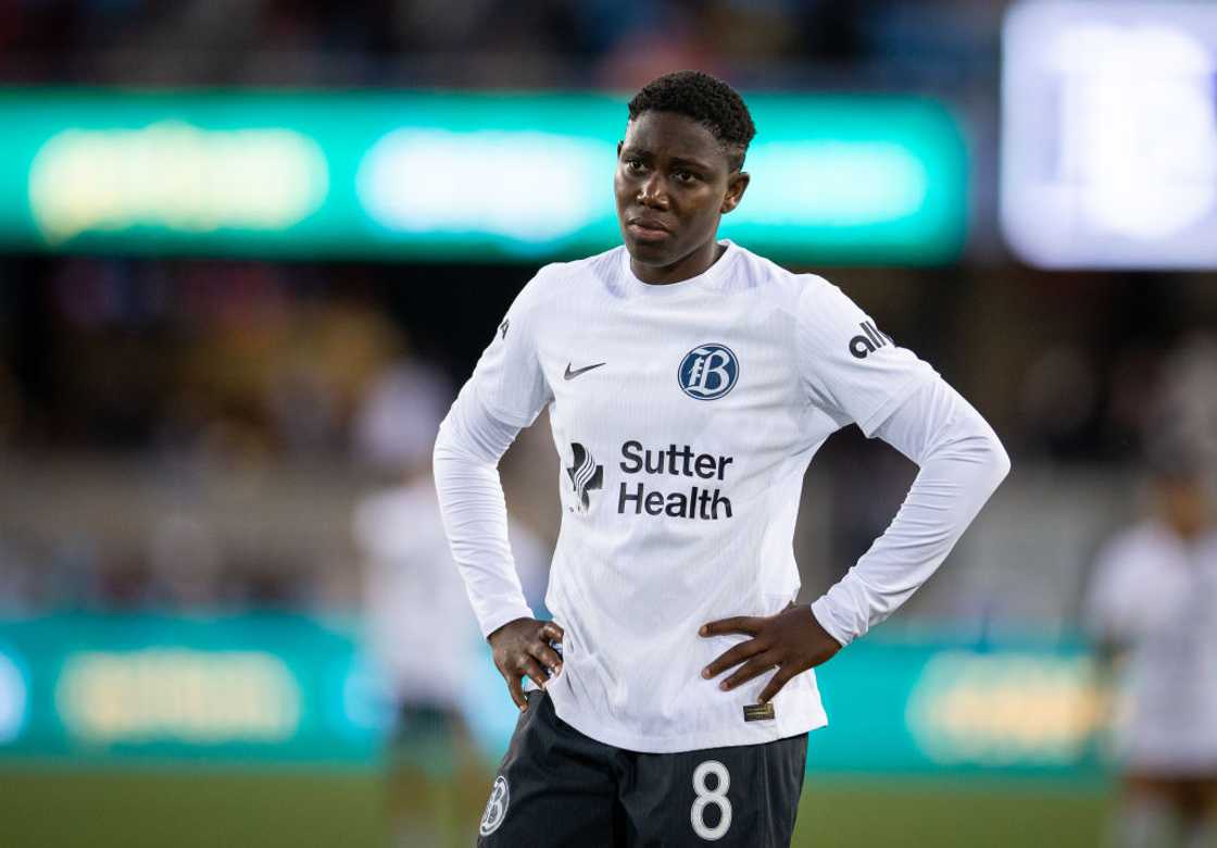 Bay FC's Asisat Oshoala look on during a game against NJ/NY Gotham City FC