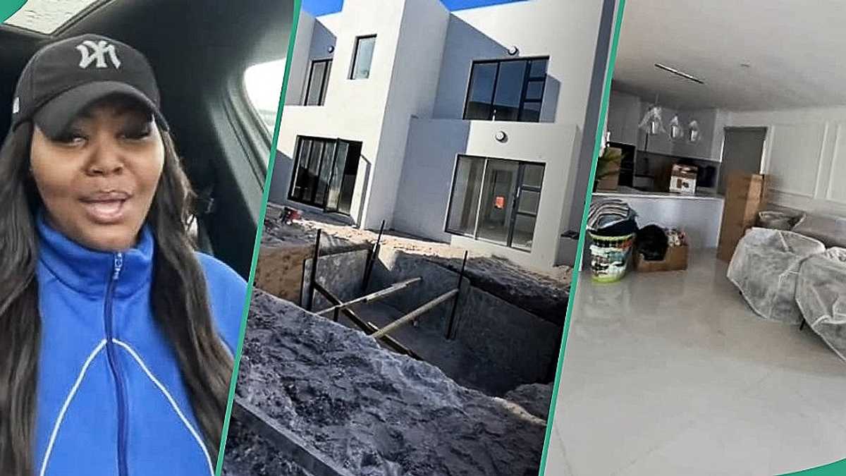 Lady Who Grew Up With No Family Celebrates Building Mansion With Her Man and Child, Video Goes Viral