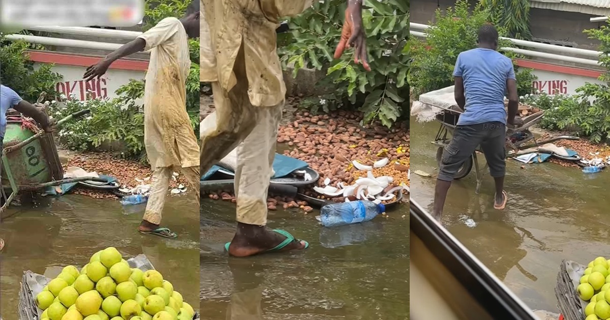 Heartbreak!ng moment street fruit vendor losǝs goods as he f@lls on a slippery road (WATCH)