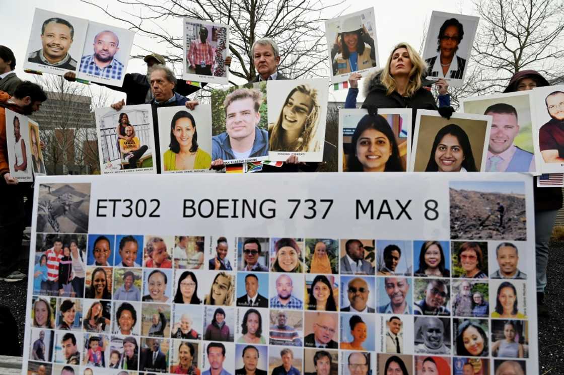 Friends and family of the victims of the Boeing 737 MAX 8 that crashed in Ethiopia protest in March 2023 in Arlington, Virginia