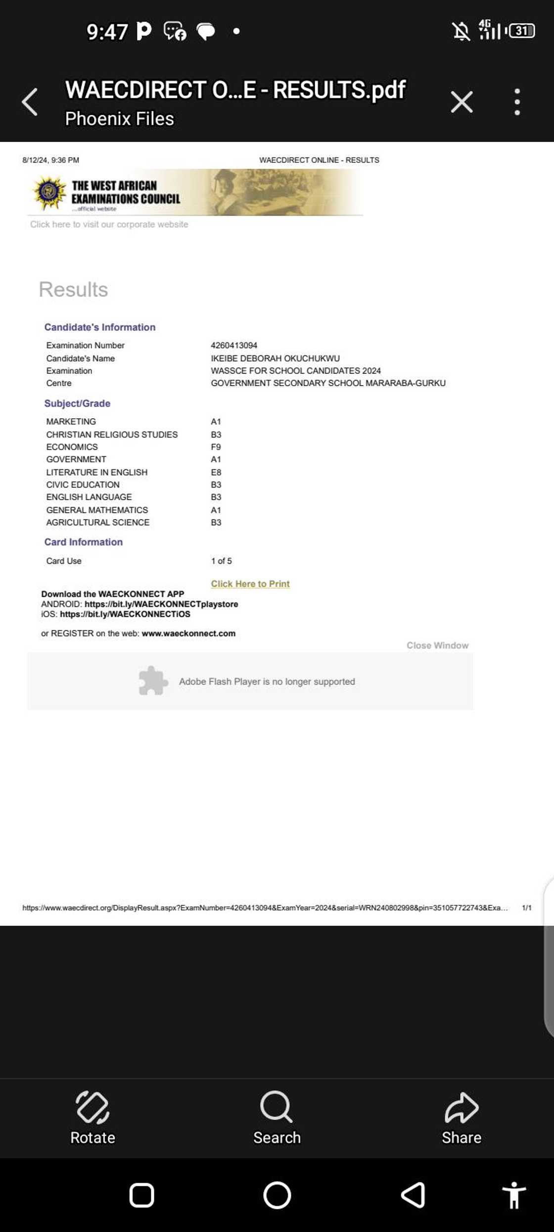 WAEC result of Deborah Ikiebe