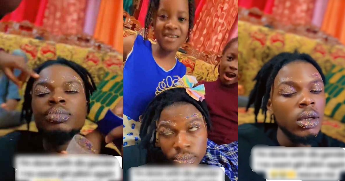 "Head of family is now a princess" – Nigerian man lamǝnts after getting a free make-up session from his daughters (WATCH)