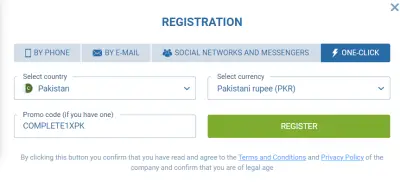 1xbet one click registration pakistan