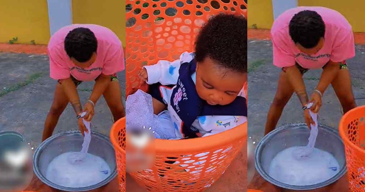 "The baby’s name must be Moses" – Nigerian woman stúnned as husband places their toddler inside the laundry basket while washing (WATCH)