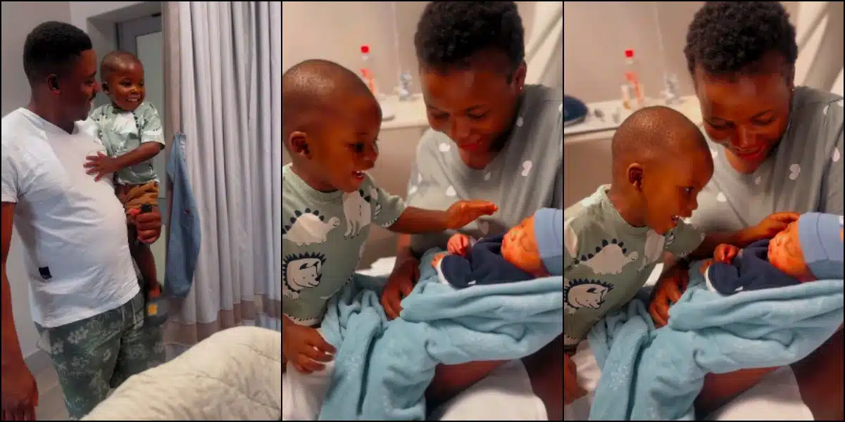 Adorable moment little boy meets his baby sibling for the first time