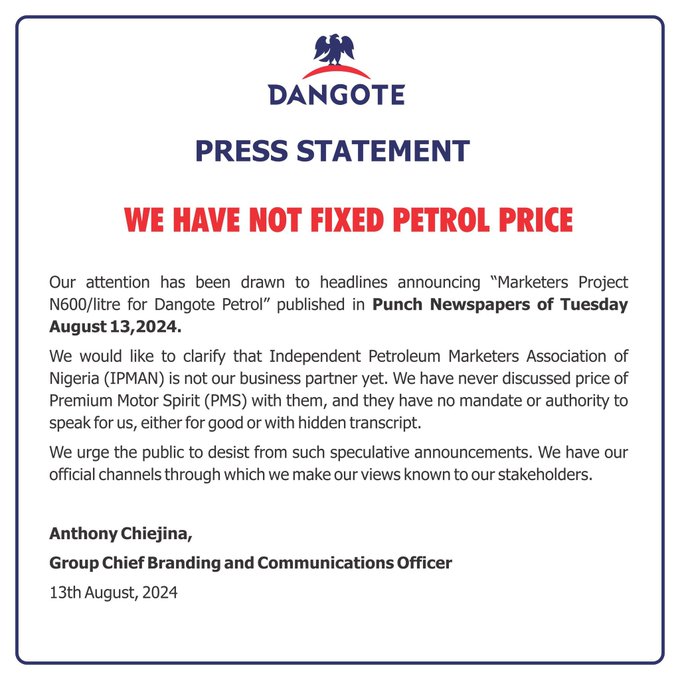 Dangote Refinery Denies Fixing Petrol Price at N600 Per Litre