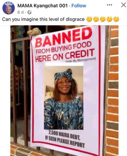 Drama as vendor prints banner of lady who allegedly bought food on credit from her, posts it in front of her shop