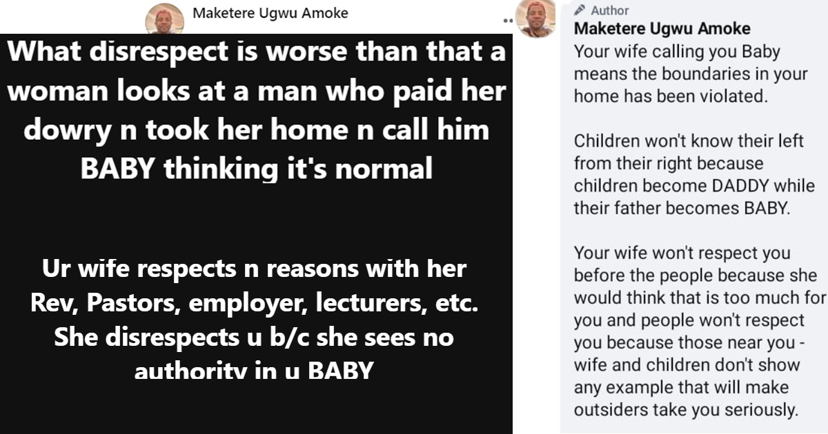 "It is d!srespectful and d!gusting for a woman to look at man that paid her dowry and call him 'Baby'" – Marriage coach