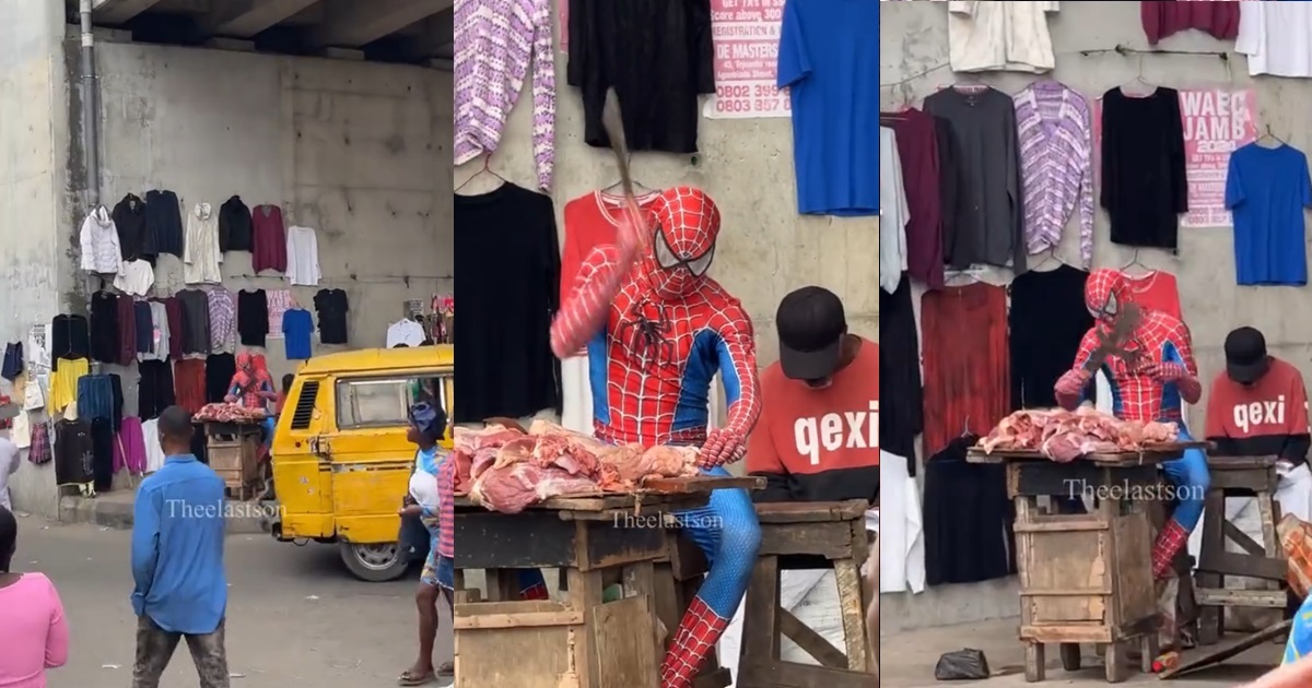 Spiderman spotted catching and selling quality meat in the market (VIDEO)