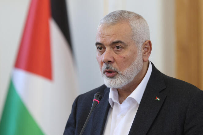 FILE PHOTO: Palestinian group Hamas' top leader, Ismail Haniyeh speaks during a press conference in Tehran, Iran, March 26, 2024. Majid Asgaripour/WANA (West Asia News Agency) via REUTERS ATTENTION EDITORS - THIS PICTURE WAS PROVIDED BY A THIRD PARTY./File Photo