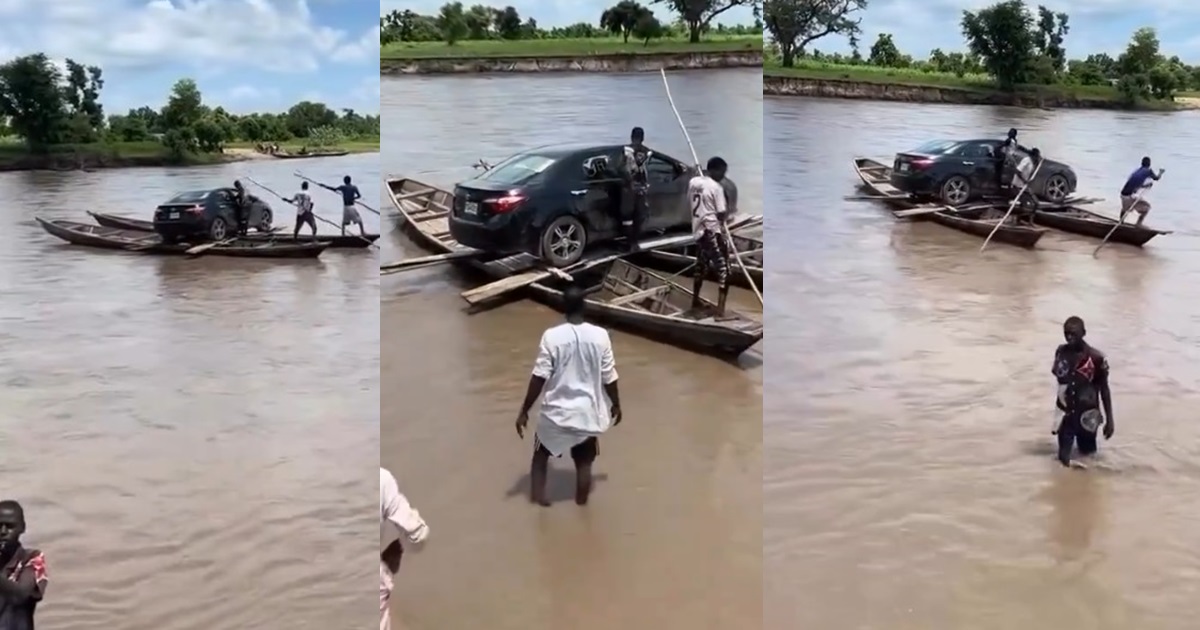 "Shipping na Shipping afterwards" – Nigerians react as young men transport an expensive car with canoes on water (WATCH)