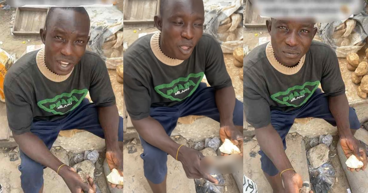 "Na so country hard reach" – Nigerian lady queries potato vendor for eating raw sweet potato at the market (WATCH)