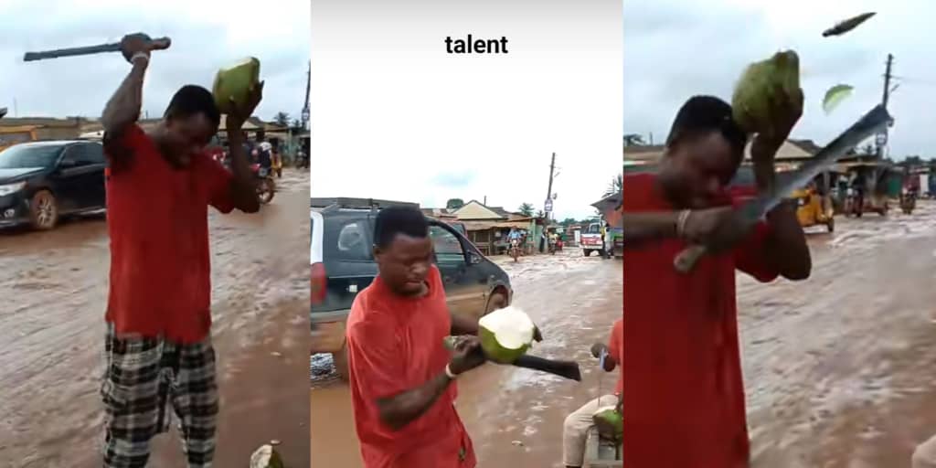 Nigerian man shows off rare talent as he cuts coconut on his head without looking