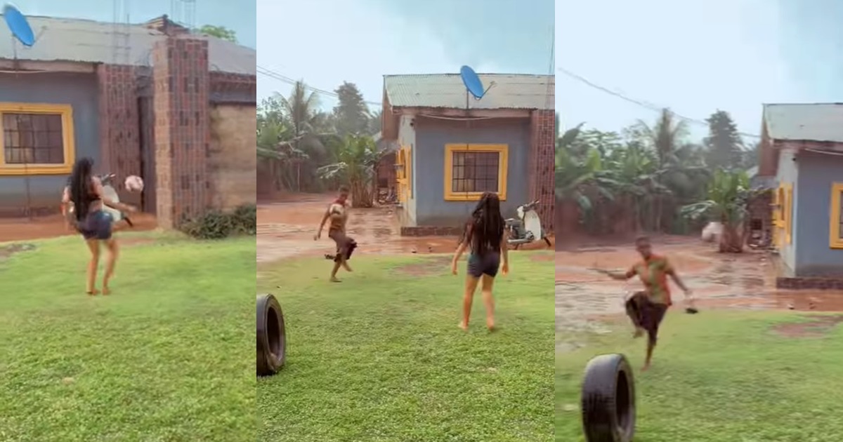 "That girl wey wear skirt na better baller" – Young ladies show off mind-blowing football skills under the rain (WATCH)