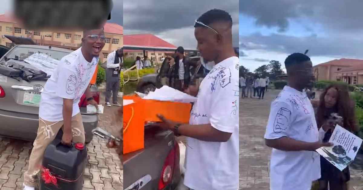 "Some girls go think say na prank" – Lady gifts her man 50 liters of fuel and N200,000 cash gift for his Sign-Out (WATCH)