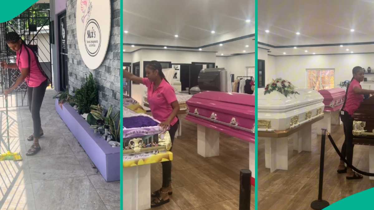 Young Lady Who Owns Funeral Home Shows How She Cleans Her Office, Video Captures Various Coffins