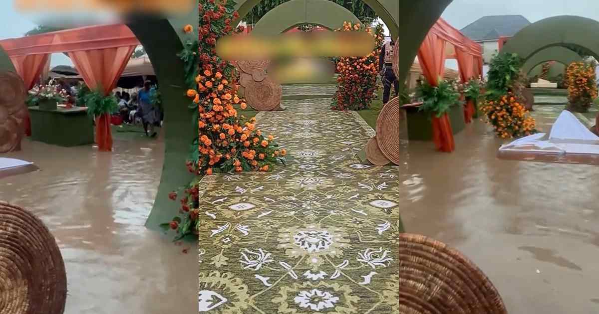 "See as e come be like pool party " – Flood destr0ys wedding venue in Imo State, leaving couple heartbr0ken (WATCH)