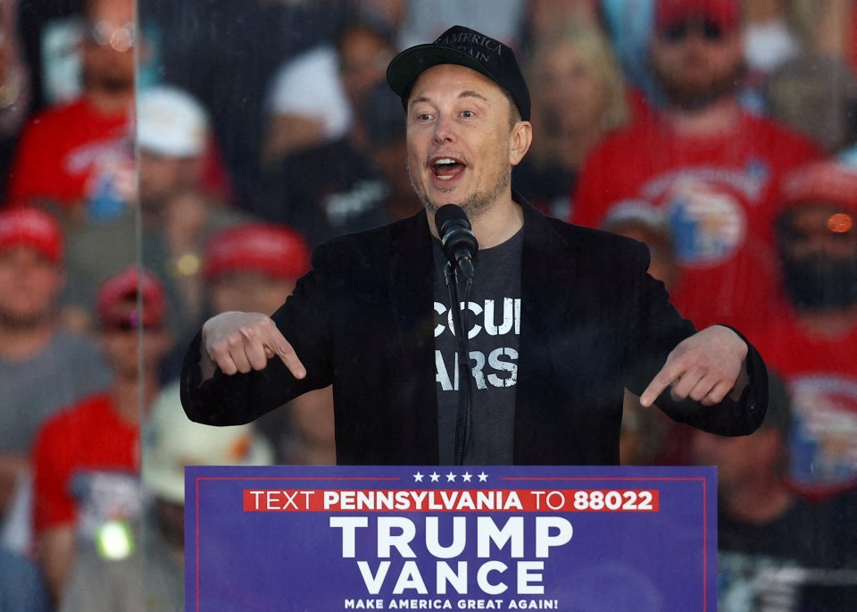 Tesla CEO and X owner Elon Musk speaks during a rally for Republican presidential nominee and former U.S. president Donald Trump