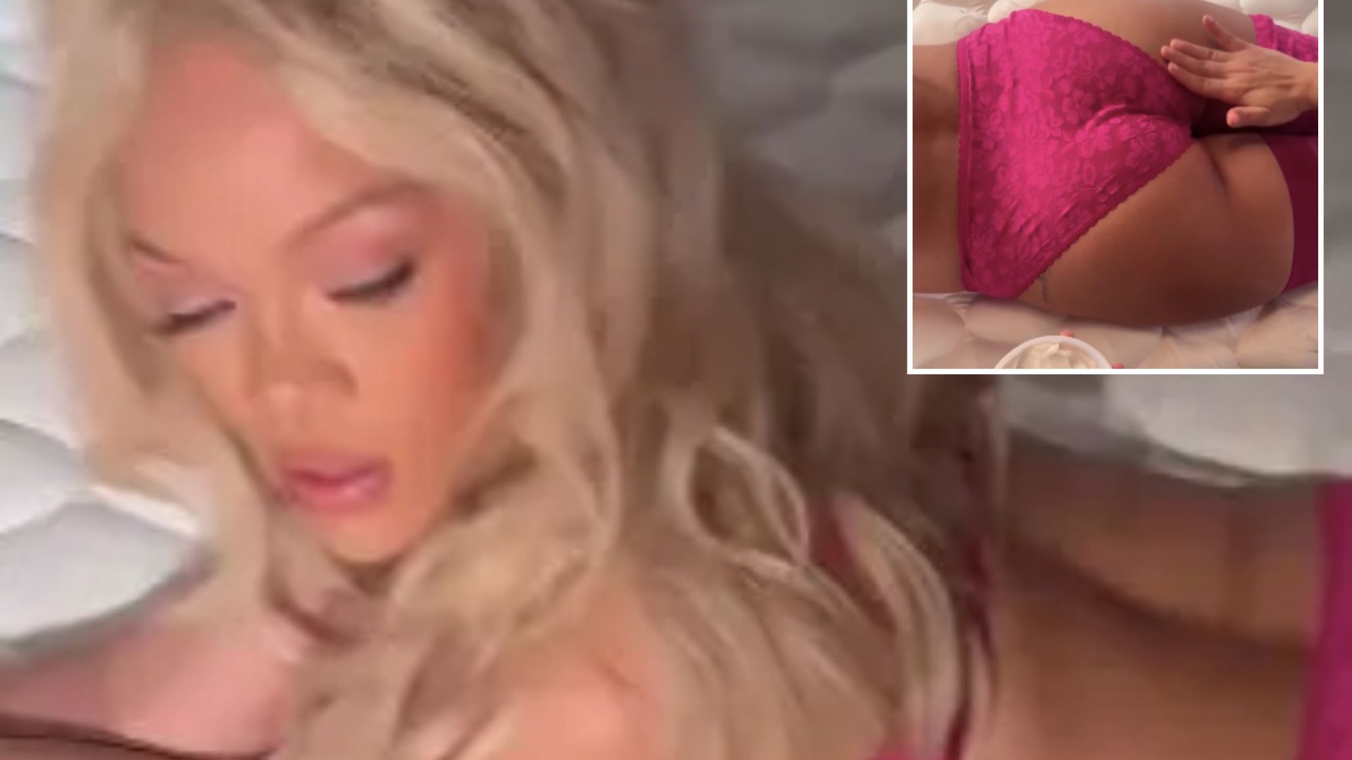 Rihanna has bum lathered in cream as she lies on bed in pink lace lingerie