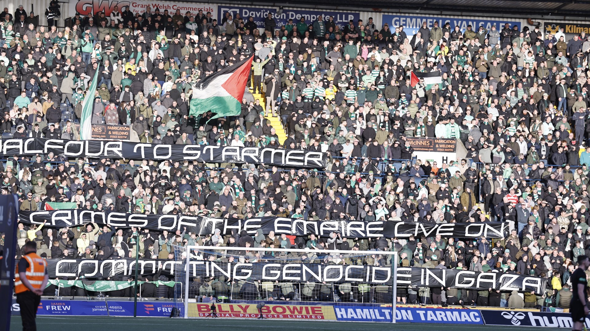 Celtic fans unveil banner blasting Keir Starmer and 'genocide in Gaza' during period of silence at Rugby Park