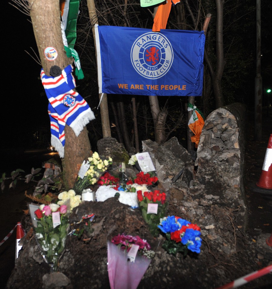 Scores of tributes have been left at the scene in memory of the popular Rangers fan