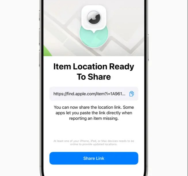 Users can generate a Share Item Location link in the Find My app on their iPhone, iPad or Mac