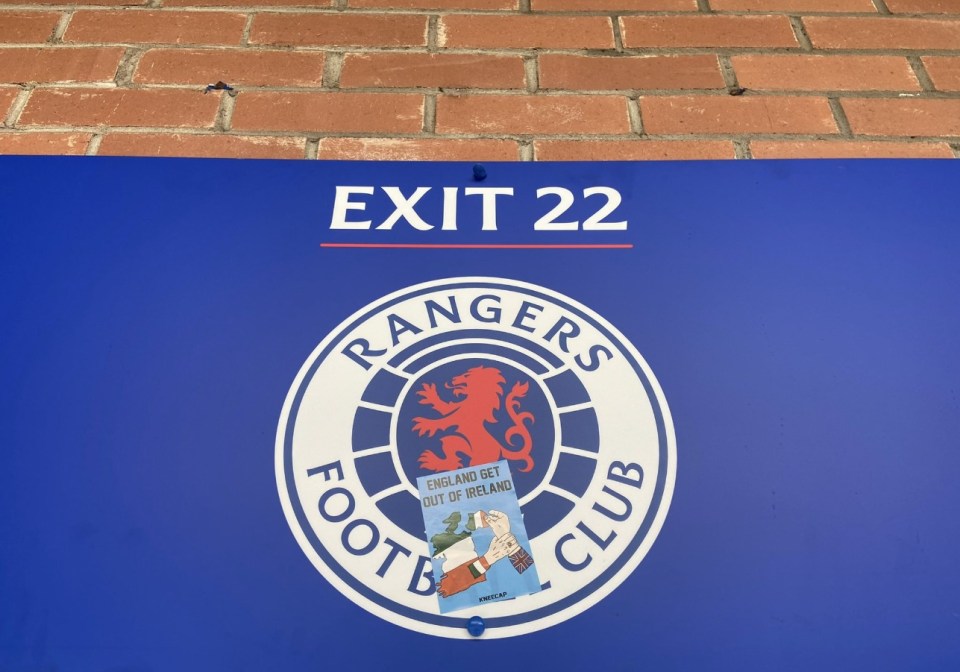 The Republican stickers on the Ibrox facade