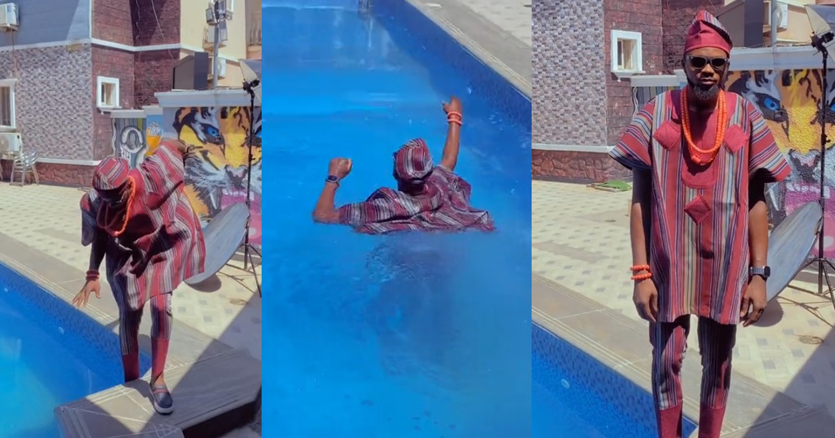 "Àgbada turn life jacket" – Hilarious moment man f@lls into the swimming pool during a photoshoot (WATCH)