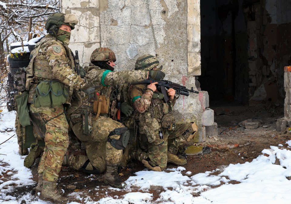 Ukrainian troops from the 57th Brigade of the Ukrainian Ground Forces training in the Kharkiv region