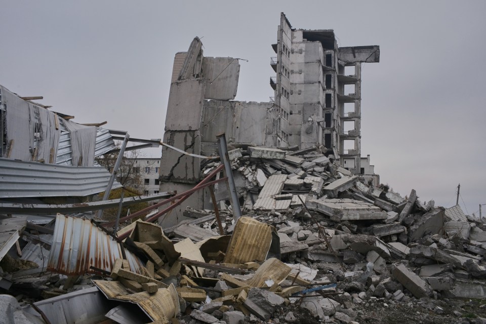 A decimated building in Myrnohrad, Donetsk Oblast, Ukraine after a Russian strike