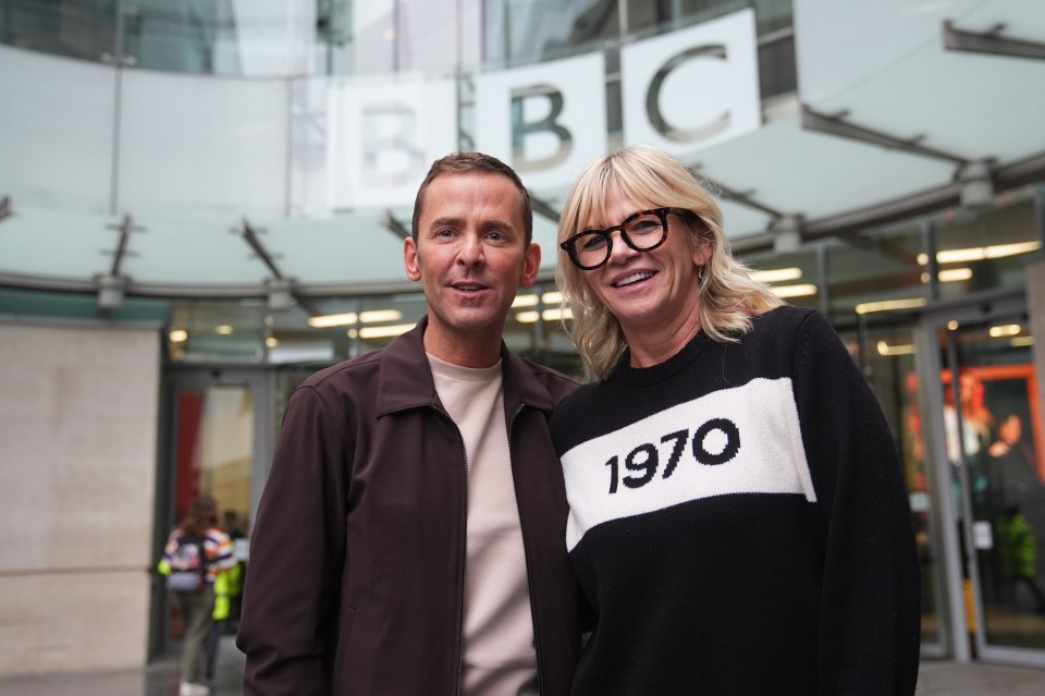 The presenter with Scott Mills outside Broadcasting House yesterday