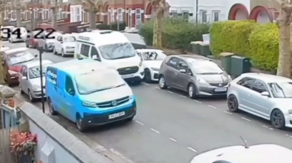 As he eats his lunch he smashes into a parked white BMW