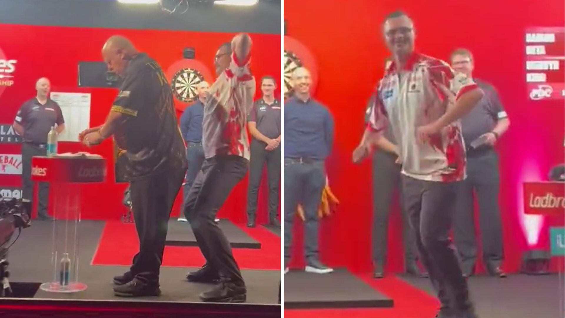 Darts star Damon Heta left red-faced after awkward on-stage antics to Mervyn King at Players Championship