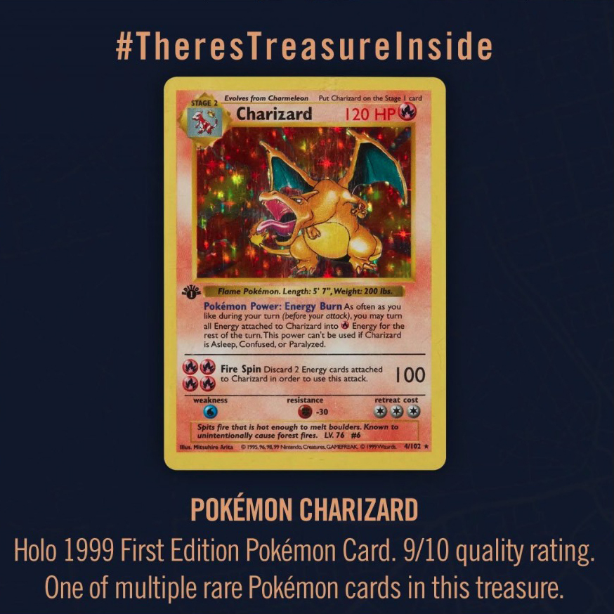 Inside the five treasure chests are a series of valuable items such as a first-edition Pokemon Charizard card