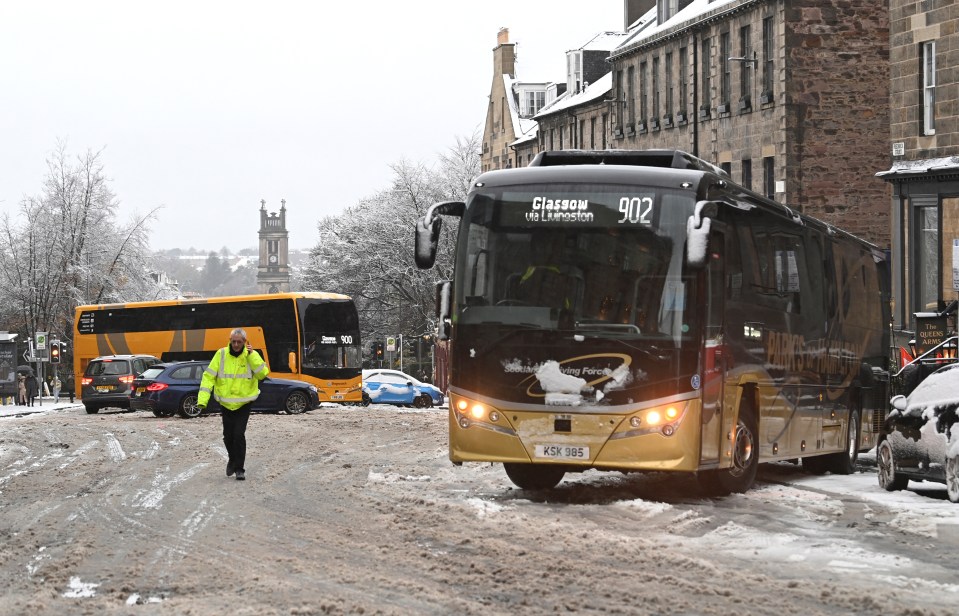 Busses are stuck in the snow during Storm Bert, along Frederick Street in Edinburgh