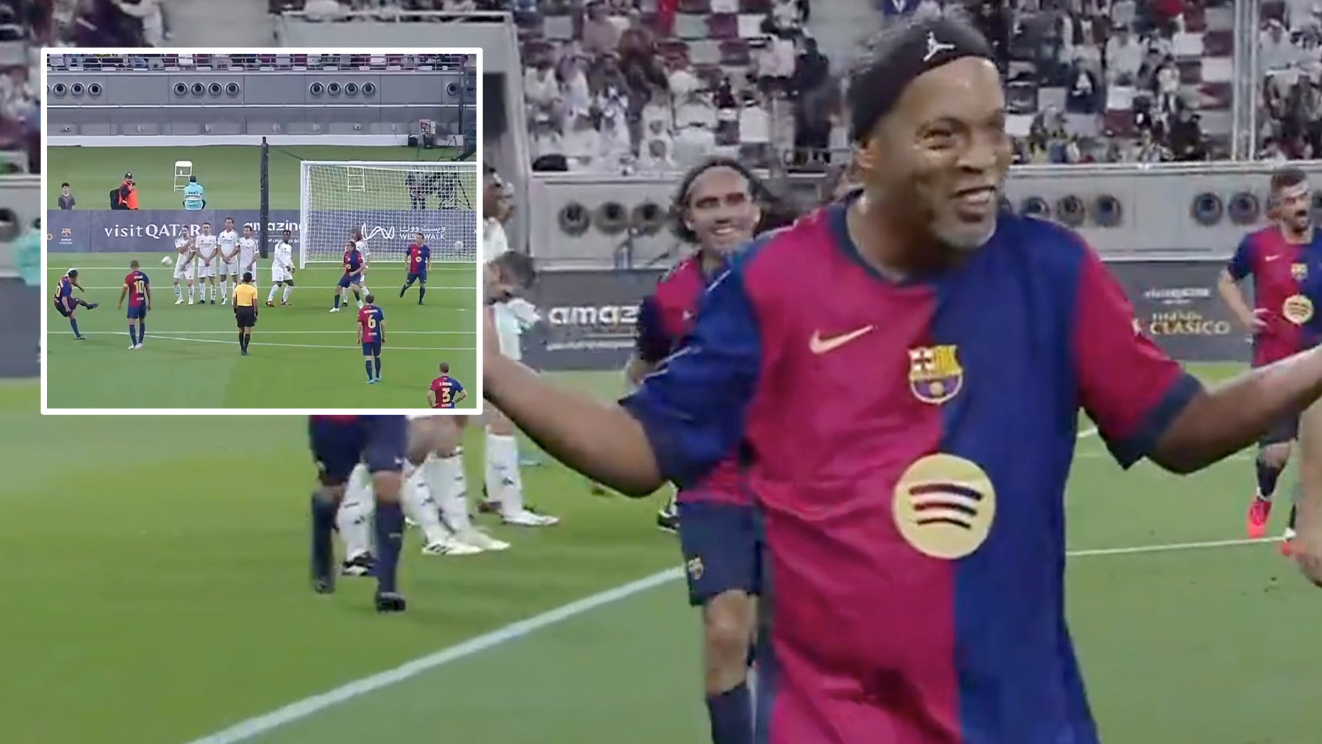 Ronaldinho scores stunning free-kick aged 44 as Barcelona legend proves he's still got it in El Clasico Legends game