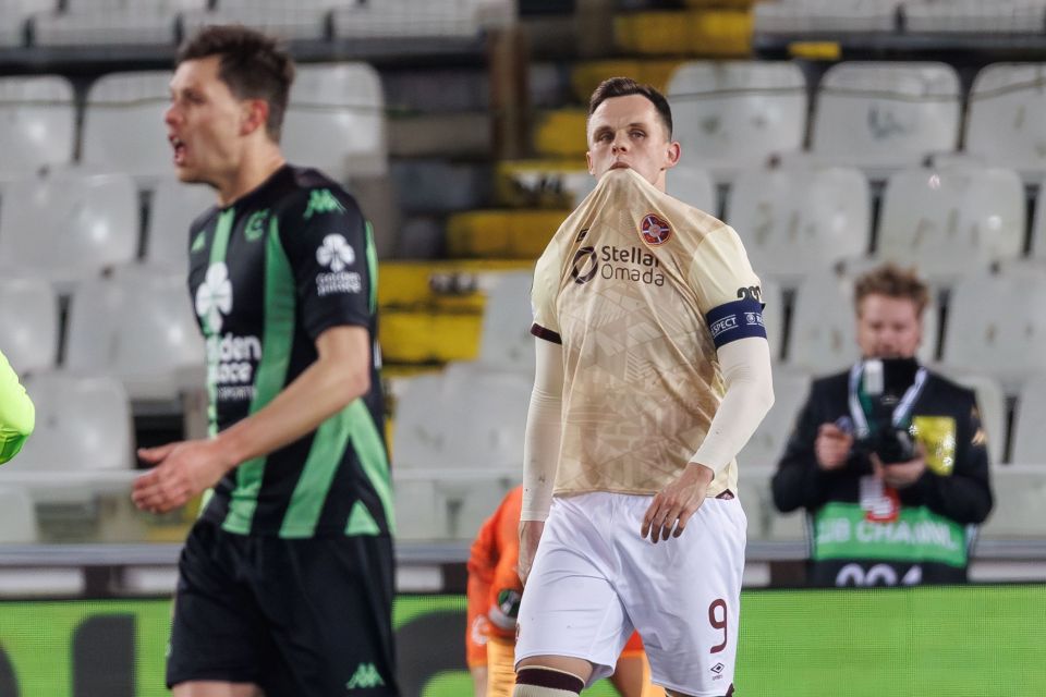 The Jambos striker put his late spot kick over the bar and Cercle Brugge went on to win 2-0