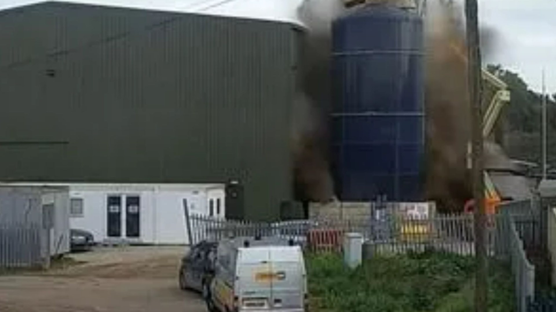 Moment huge blast sees slurry tank erupt into the air... leaving worker with severe injuries & an amputated leg