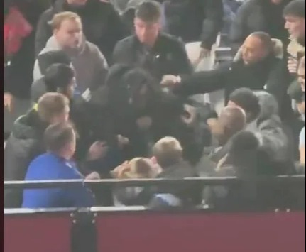 One fan was seen falling to the floor before stewards arrived to defuse the situation