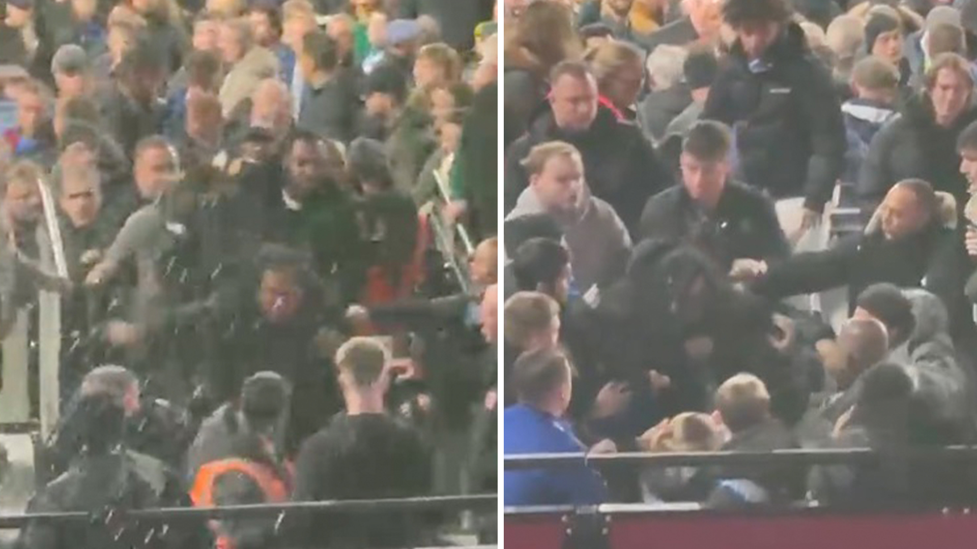 Moment huge brawl breaks out in West Ham end with punches thrown and fan knocked to ground in London derby vs Arsenal