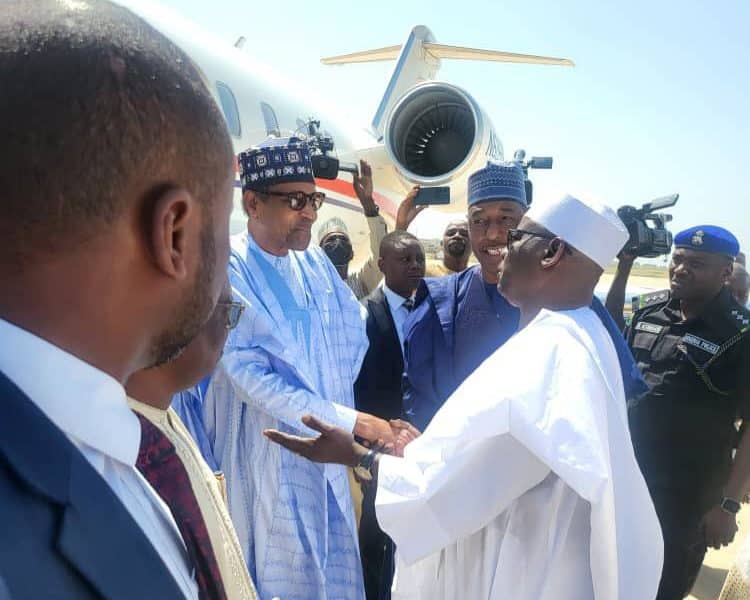 Buhari Meets Governor Zulum, Senator Ndume In Maiduguri [Photos]