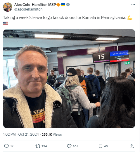 It comes after the Lib Dem leader flew out to the US to "knock doors for Kamala"