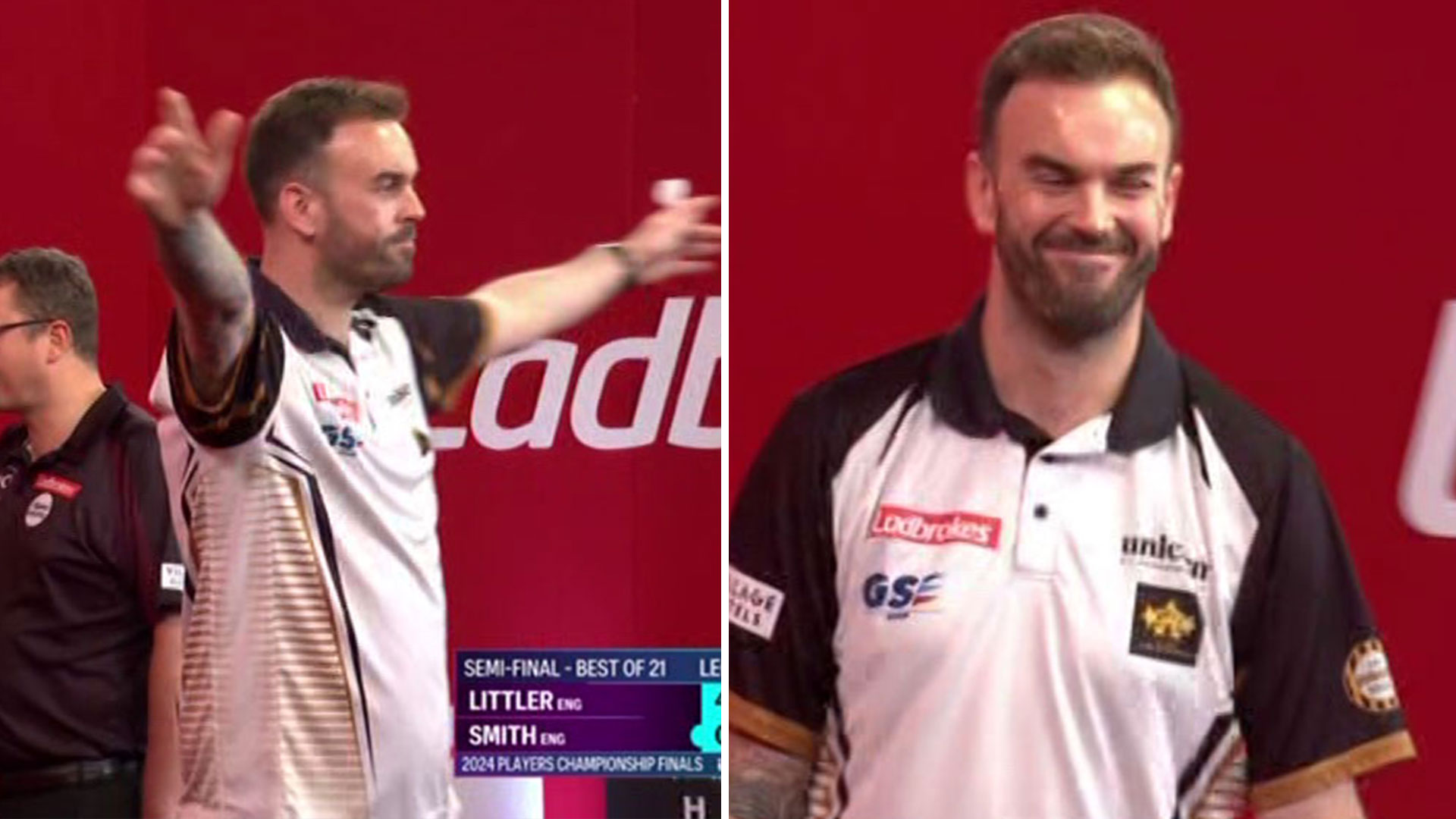 Luke Littler's opponent celebrates wildly after finally winning a leg against him at darts Players Championship