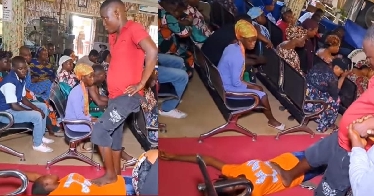 Reactions as Nigerian pastor uses his powerful legs to drive dǝmons out of a girl (WATCH)