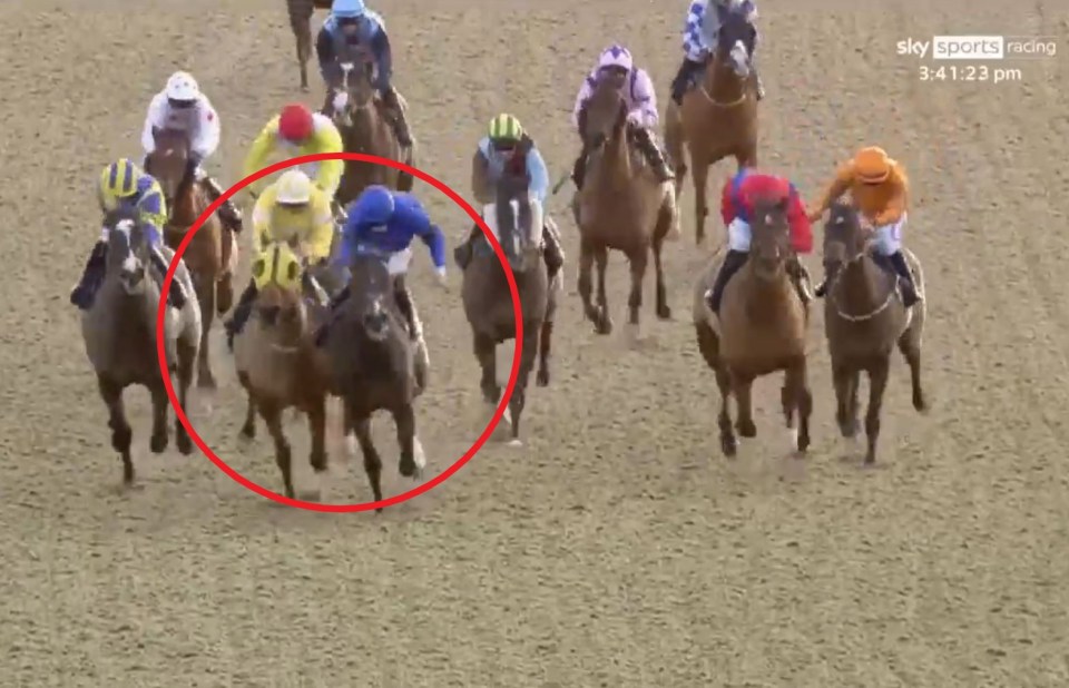 Dubai Harbour, in the blue silks, was named winner despite veering sharply right and interfering two others in the closing stages of the 1m2f race