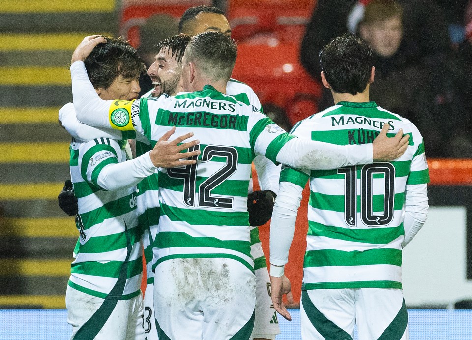 Callum McGregor and teammates celebrate the goal with Hatate